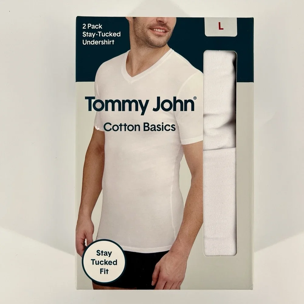 Tommy John Cotton Undershirt Men's LARGE High V Neck Stay-Tucked White 2-PACK